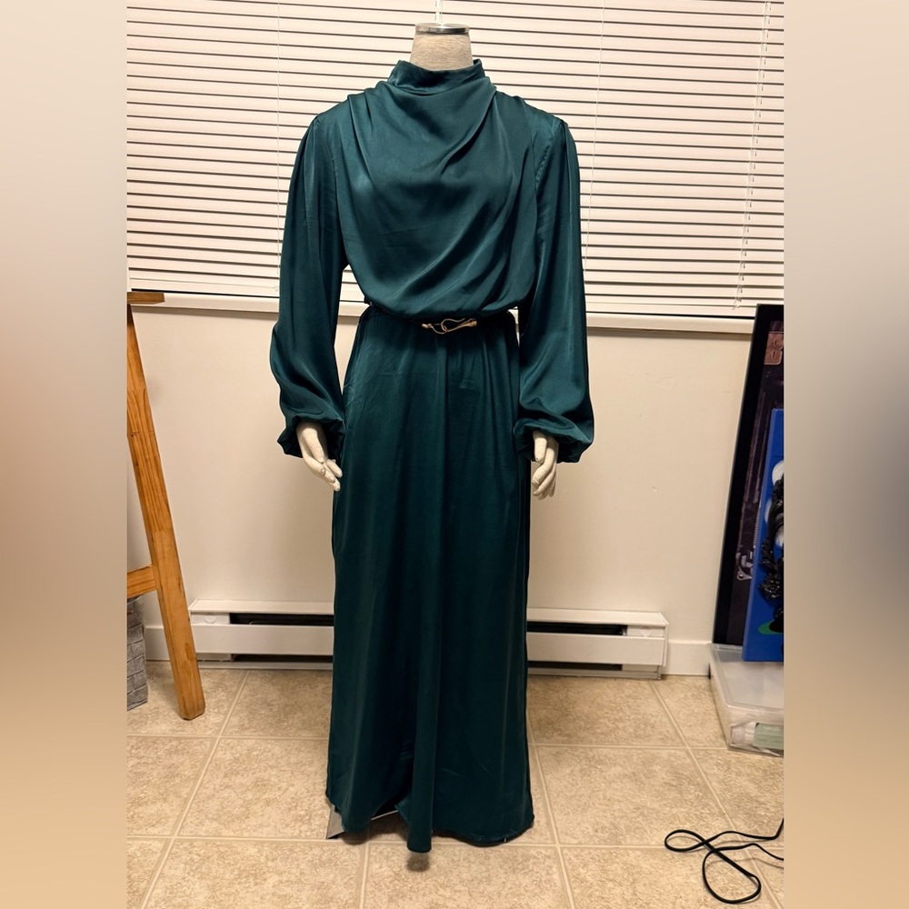 Satin Teal Long Sleeve Dress, Christmas or Party